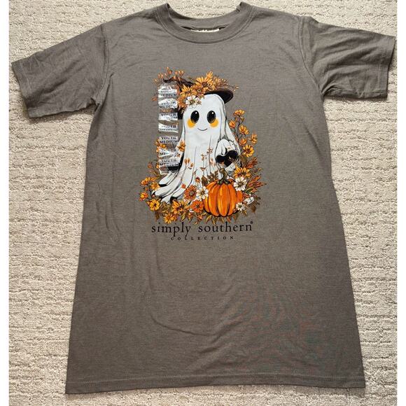 Simply Southern Halloween Ghost Pumpkin Graphic T-Shirt Youth Medium Gray New - Picture 1 of 5